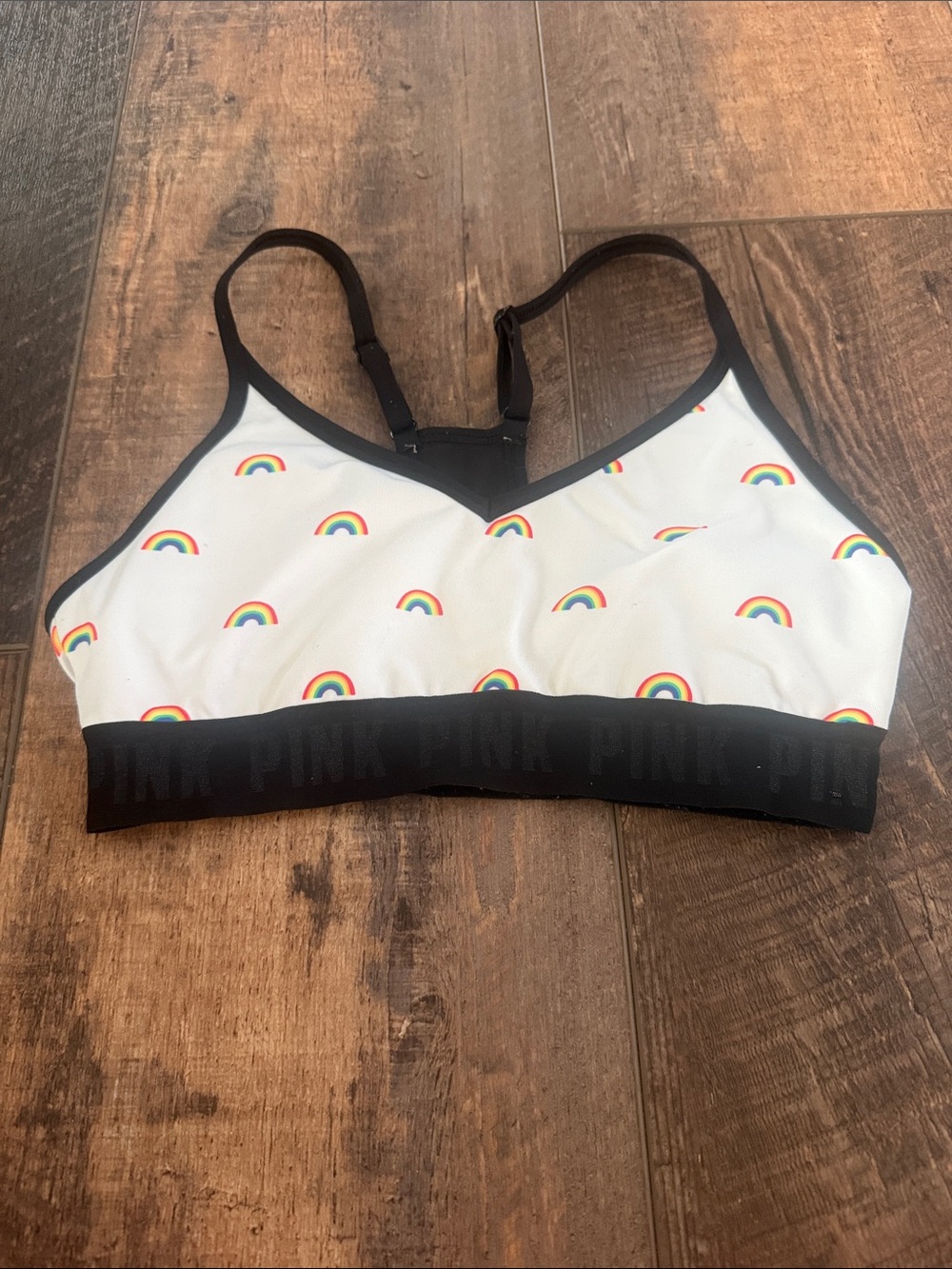 PINK Victoria's Secret White Sports Bra with Rainbow Print and Black Trim